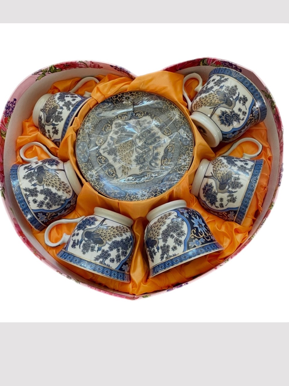Vintage PEARL Chinoiserie Peacock Teacup & Saucer Set of 6 w/ Padded Heart Box - Picture 3 of 8